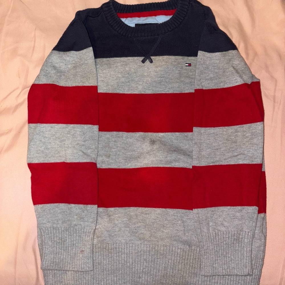 Tommy Hilfiger Red and Gray Crewneck Sweater